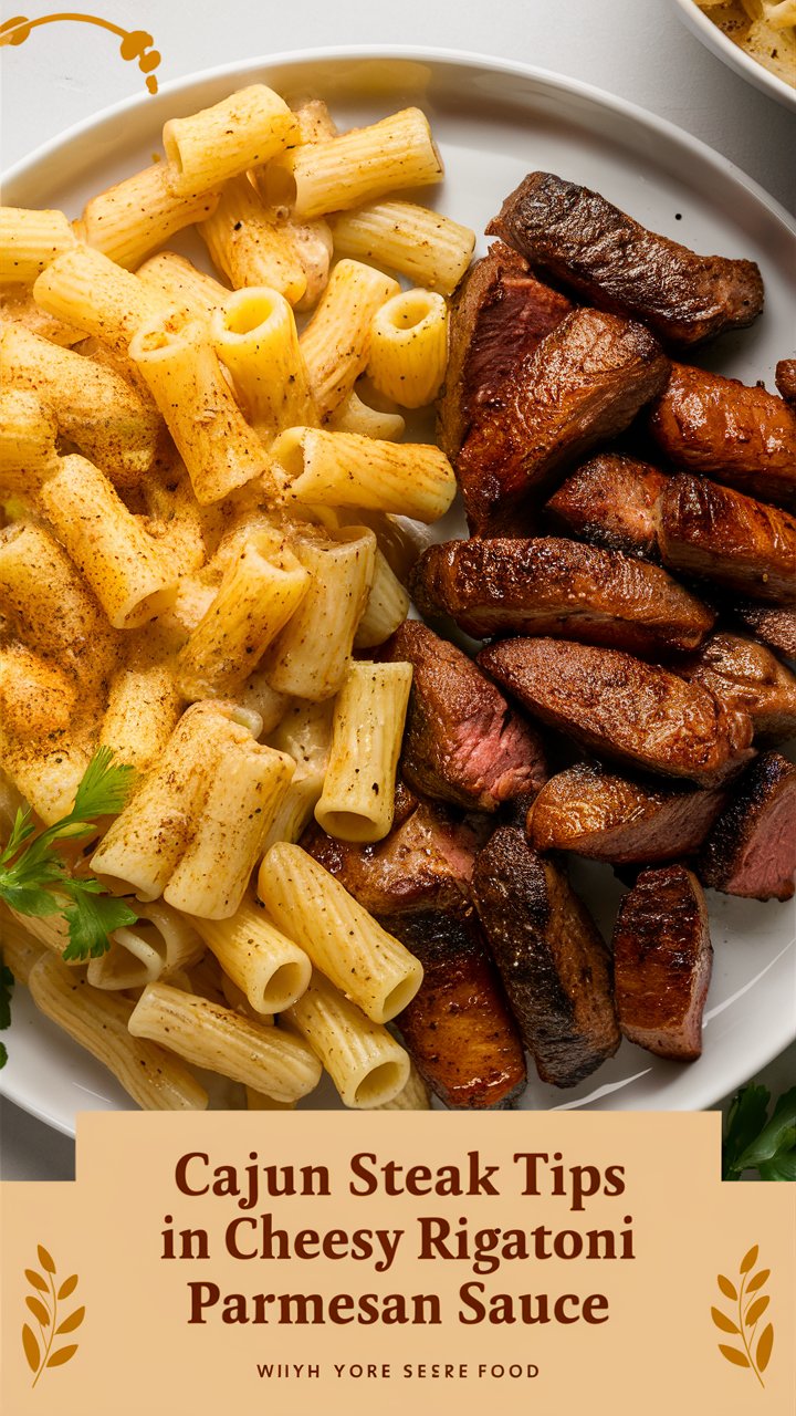 Cajun Steak Tips in Cheesy Rigatoni Parmesan Sauce