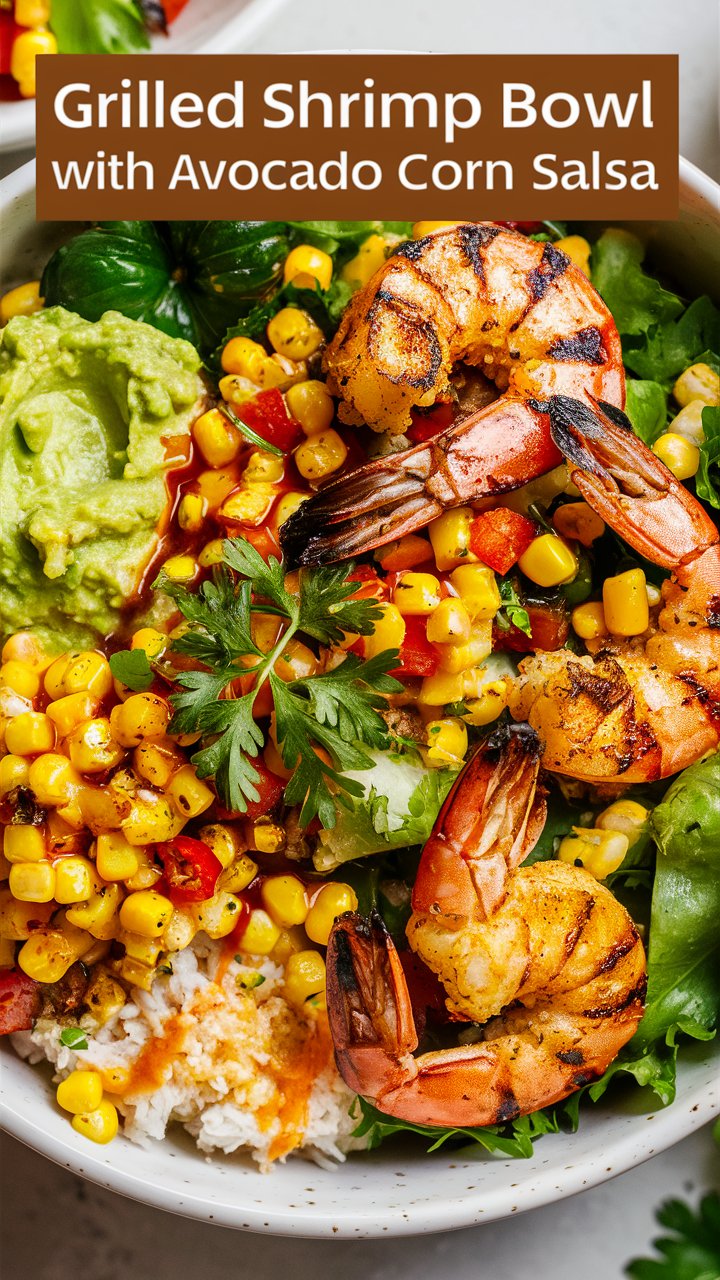 🌮 Yummy Grilled Shrimp Bowl with Avocado Corn Salsa & Creamy Sauce
