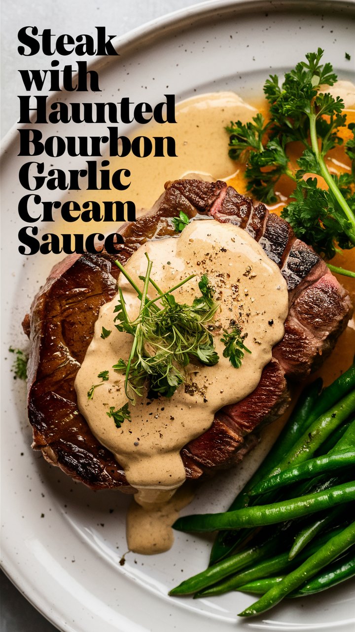 Steak with Haunted Bourbon Garlic Cream Sauce