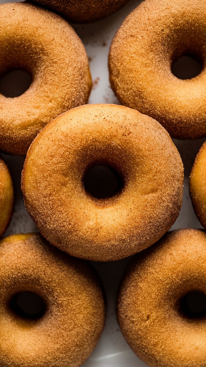 Image shows a close-up of golden-brown cinnamon sugar donuts stacked on a white surface. The donuts have a soft, fluffy texture and are generously coated in a cinnamon and sugar mixture, giving them a sparkly, sweet crust. The photo emphasizes the warm tones and comforting, homemade bakery style of the donuts, evoking cozy breakfast or dessert vibes perfect for fall mornings or sweet snacks.